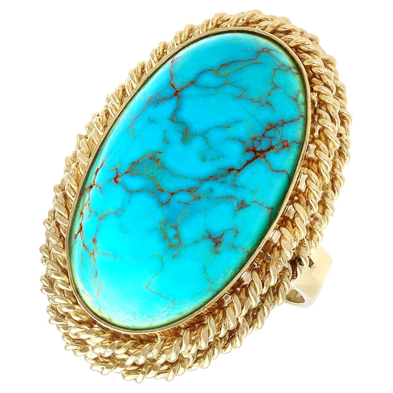Vintage 32.50 Carat Turquoise and Yellow Gold Cocktail Ring For Sale