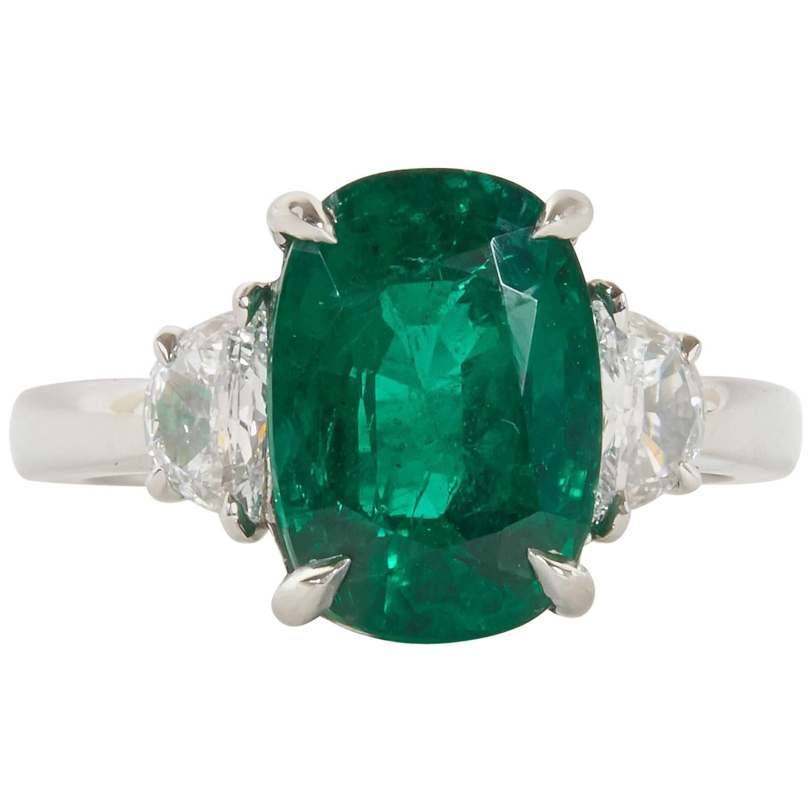 Fine 4.21 Carat GIA Cert Minor Oil Emerald Diamond Platinum Ring For Sale