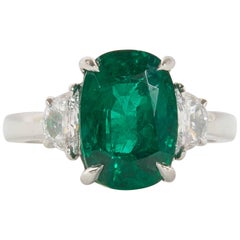 Fine 4.21 Carat GIA Cert Minor Oil Emerald Diamond Platinum Ring