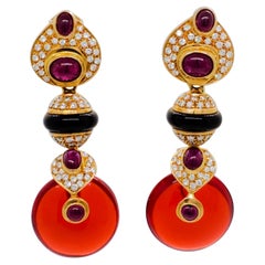 Estate Onyx, Ruby, and Diamond Clip On Dangle Earrings in 18k Yellow Gold