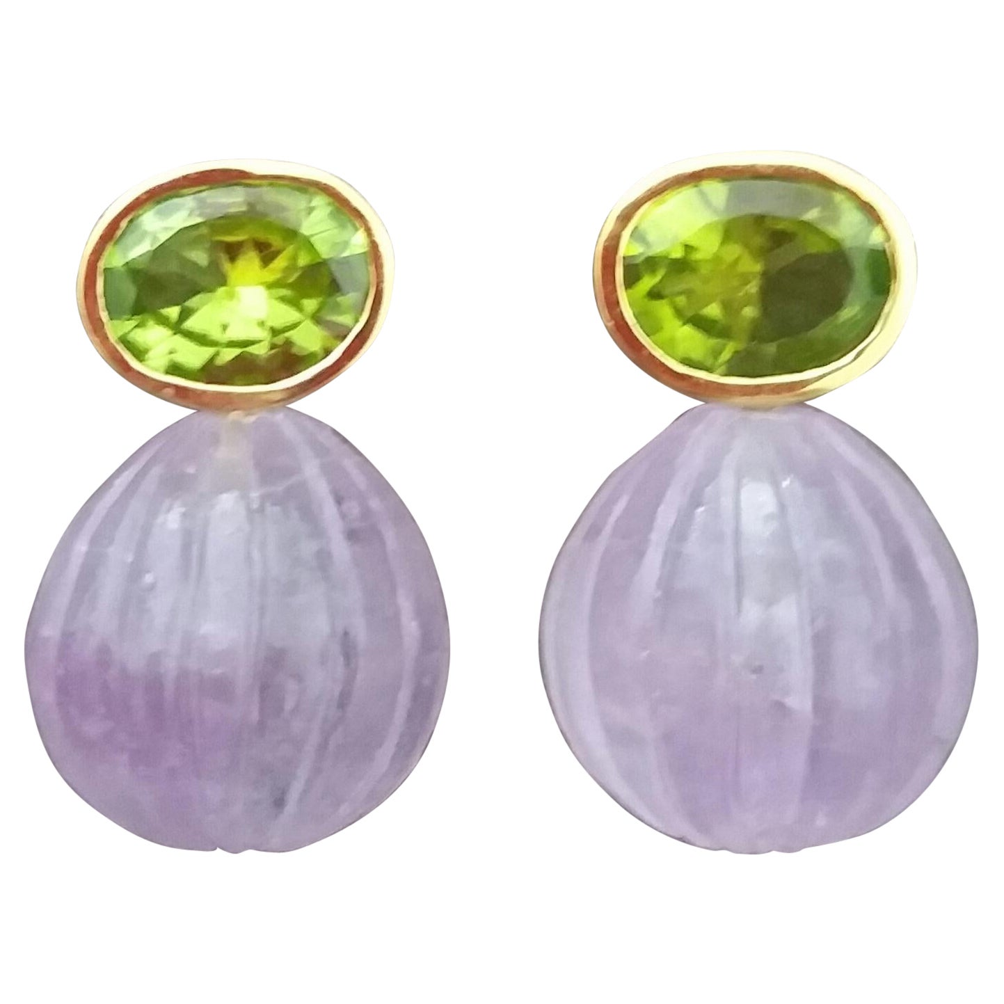 Faceted Oval Peridot Amethyst Carved Round Drops 14 Karat Yellow Gold Earrings For Sale