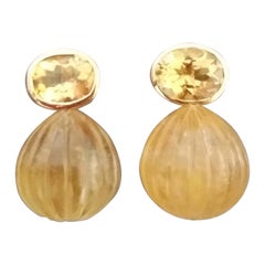 Faceted Oval Shape Citrine Gold Bezel Engraved Citrine Round Drops Stud Earrings