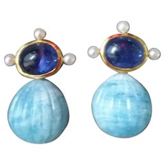 Blue Sapphire Cabs Pearls Gold Engraved Aquamarine Round Drop Stud Earrings