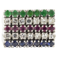 Retro Five Row Green Emerald, Diamond, Ruby and Sapphire Stacking Ring 