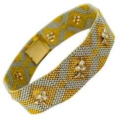 Victorian Five of Clubs Rose Cut Diamonds Platinum and 18k Gold Mesh Bracelet