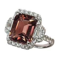 3, Stone Rose Tourmaline 'Emerald Cut' and White Diamonds 'Trapezoid Cut' Ring