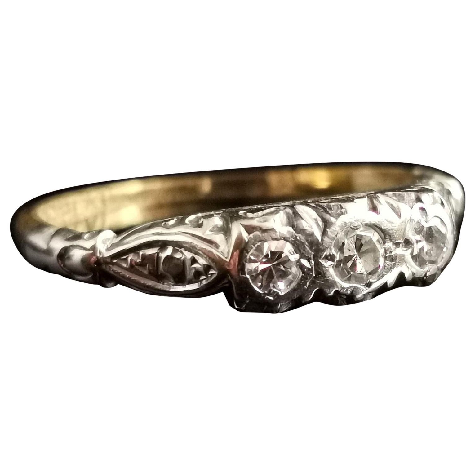 Art Deco Three Stone Diamond Ring, 18 Karat Yellow Gold and Platinum 