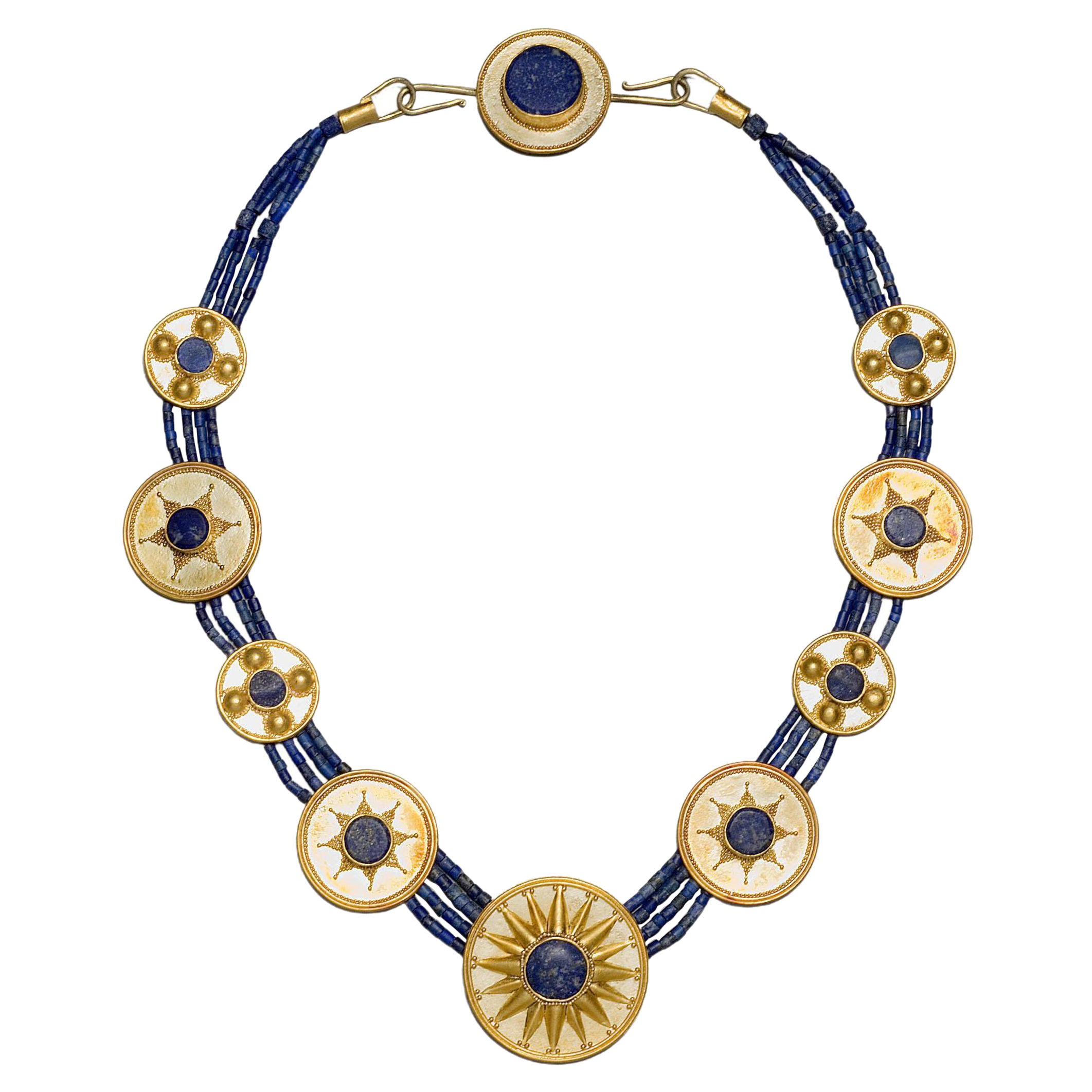 "Sky and Waters" Multi-Strand Necklace with Lapis Lazuli and 23k Gold Medallions For Sale