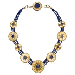 "Sky and Waters" Multi-Strand Necklace with Lapis Lazuli and 23k Gold Medallions