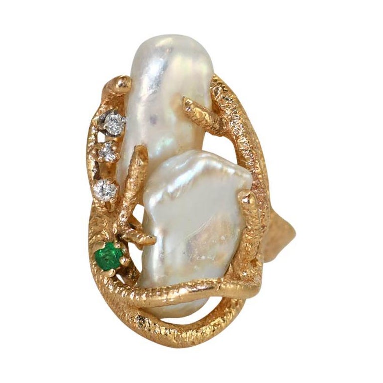 14K Yellow Gold Baroque Freshwater Pearl Ring, 12.1gr For Sale