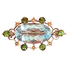 Vintage Aquamarine, Tourmaline, and Seed Pearl 14 Karat Yellow Gold Brooch Pin