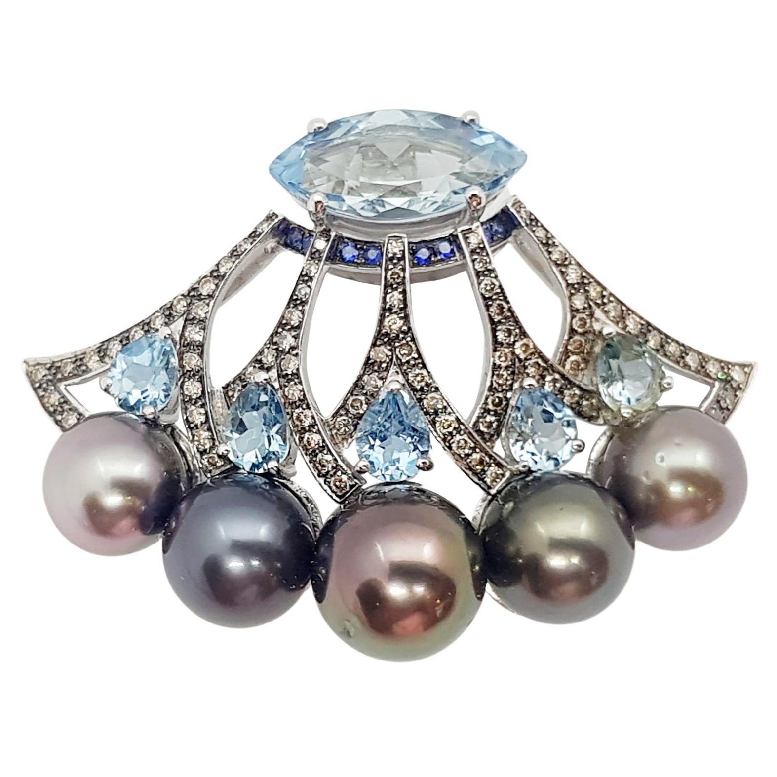 Pearl, Aquamarine, Blue Sapphire and Brown Diamond Pendant 18 Karat White Gold For Sale