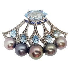 Pendentif en or blanc 18 carats avec perles, aigue-marine, saphirs bleus et diamants bruns