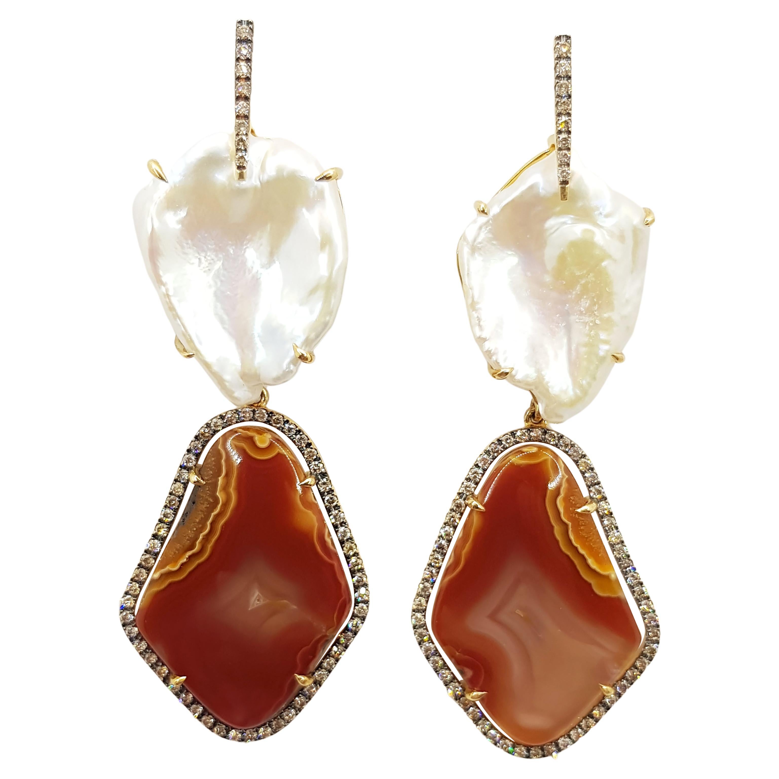 Pearl, Quartz with Brown Diamond Earrings Set in 18 Karat Gold Settings For Sale