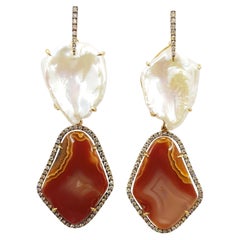 Pearl, Quartz with Brown Diamond Earrings Set in 18 Karat Gold Settings