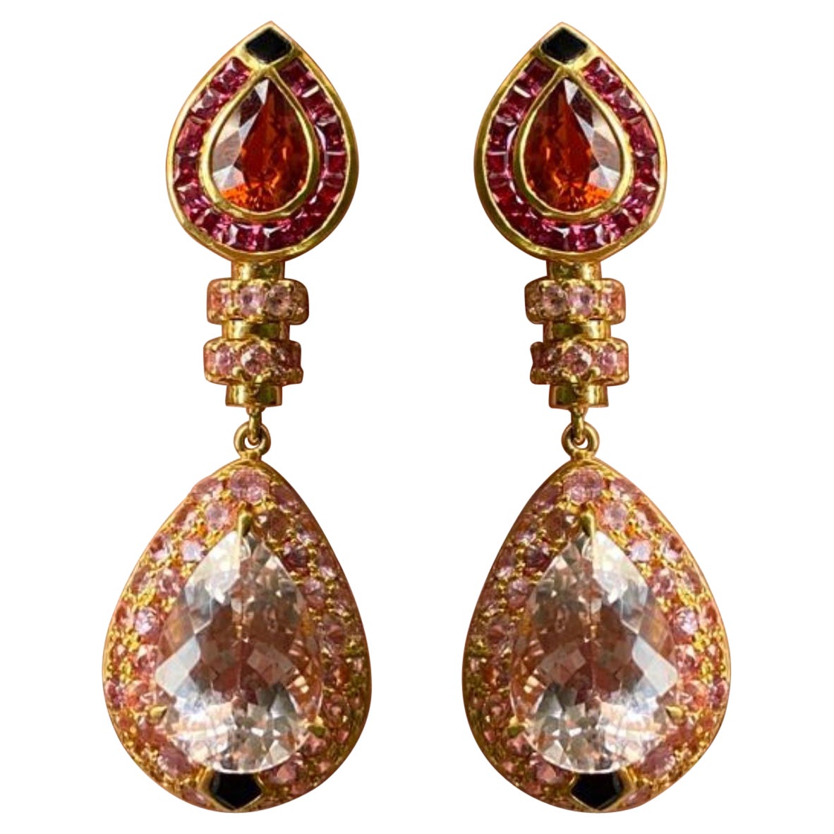 Art Deco Mandarin Garnet and Kunzite Dangle Earrings For Sale