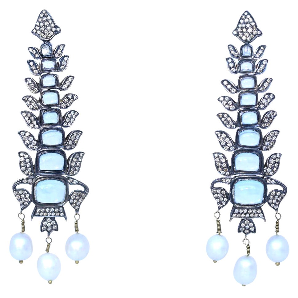 Aquamarines Earrings Diamonds Pearls Silver Gold Flexible , 1930