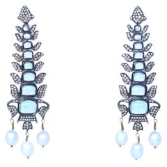 Flexible Aquamarin-Ohrringe, Diamanten, Perlen, Silber, Gold, 1930