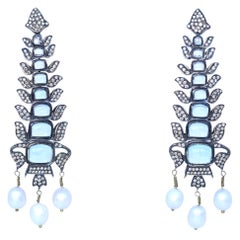 Aquamarines Earrings Diamonds Pearls Silver Gold Flexible , 1930