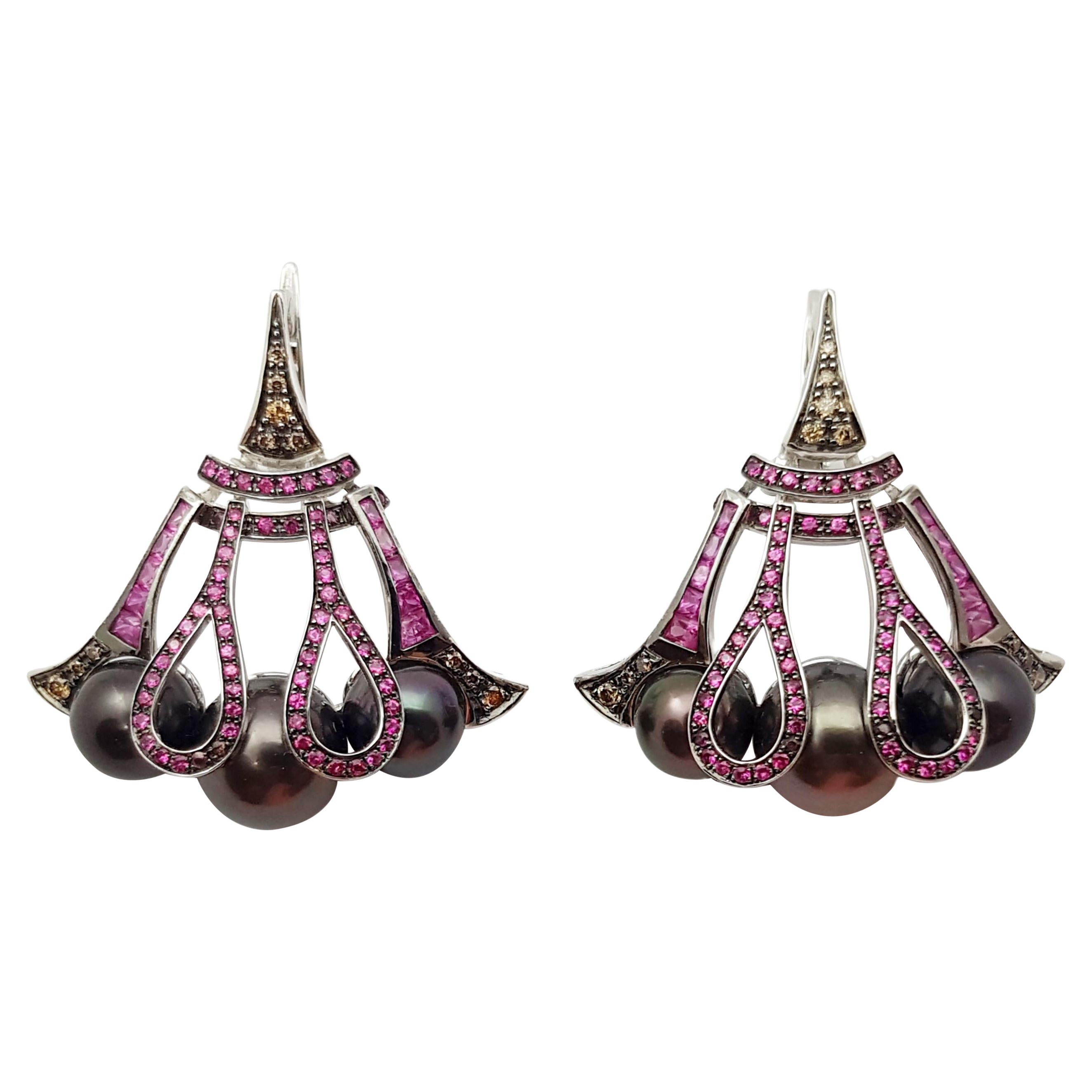 Tahitian Pearl, Pink Sapphire and Brown Diamond Earrings in 18 Karat White Gold For Sale