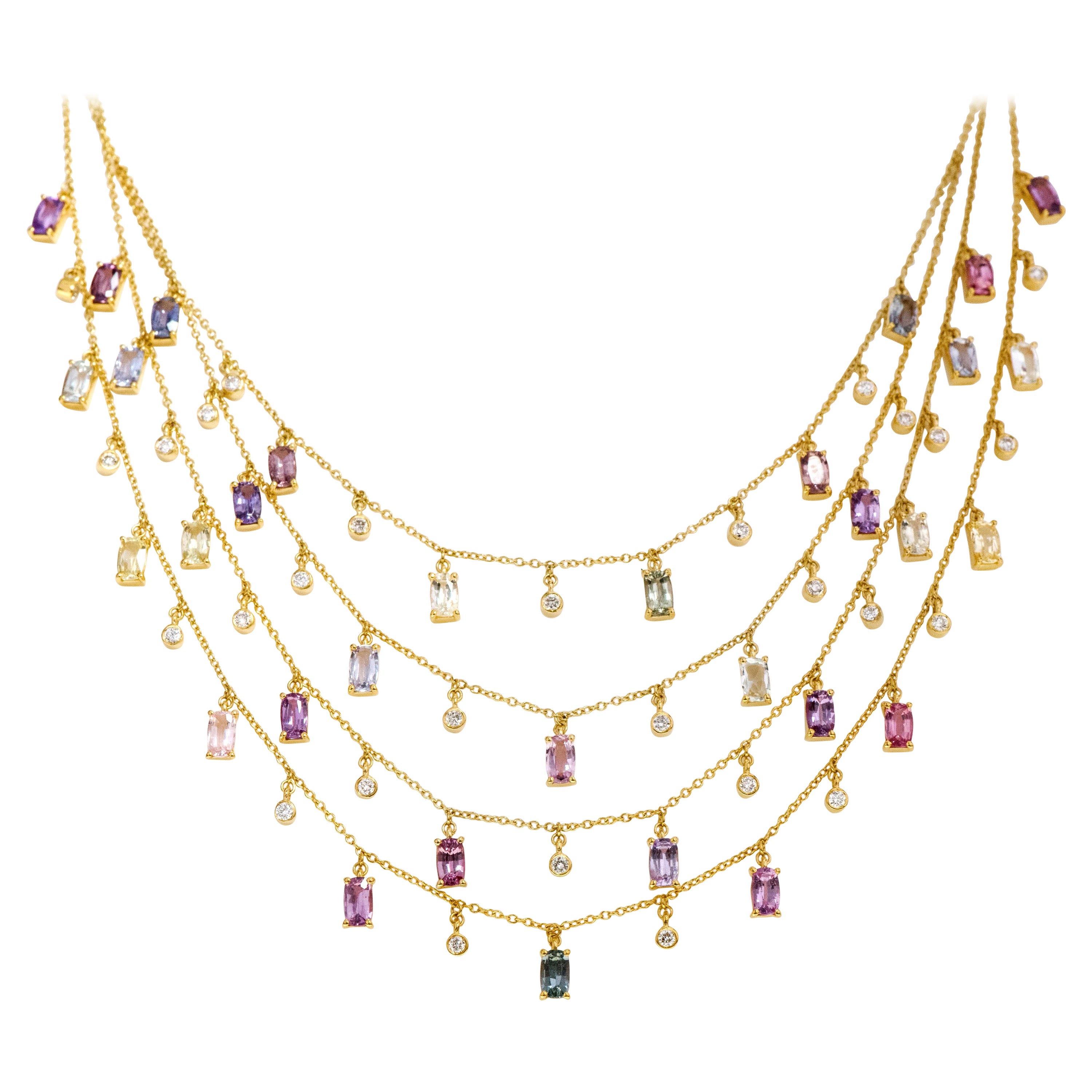 18 Karat Yellow Gold 10.09 Carat Sapphire and Diamond Multi-Strand Necklace For Sale