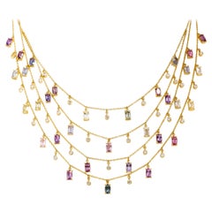 Mehrreihige Halskette aus 18 Karat Gelbgold mit 10,09 Karat Saphir und Diamant