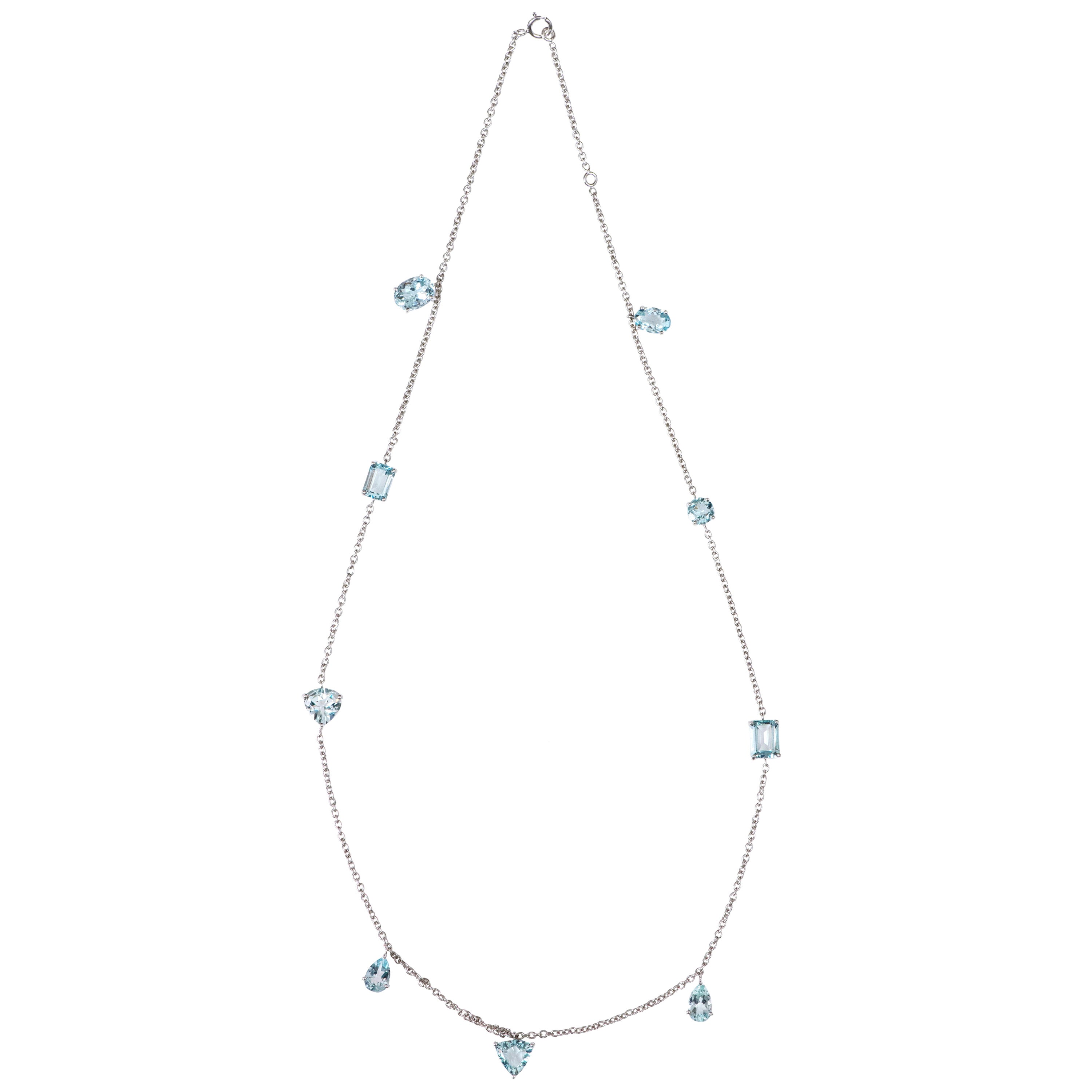 18 Karat White Gold 6.29 Carat Multi-Shape Aquamarine Drop Link Necklace For Sale