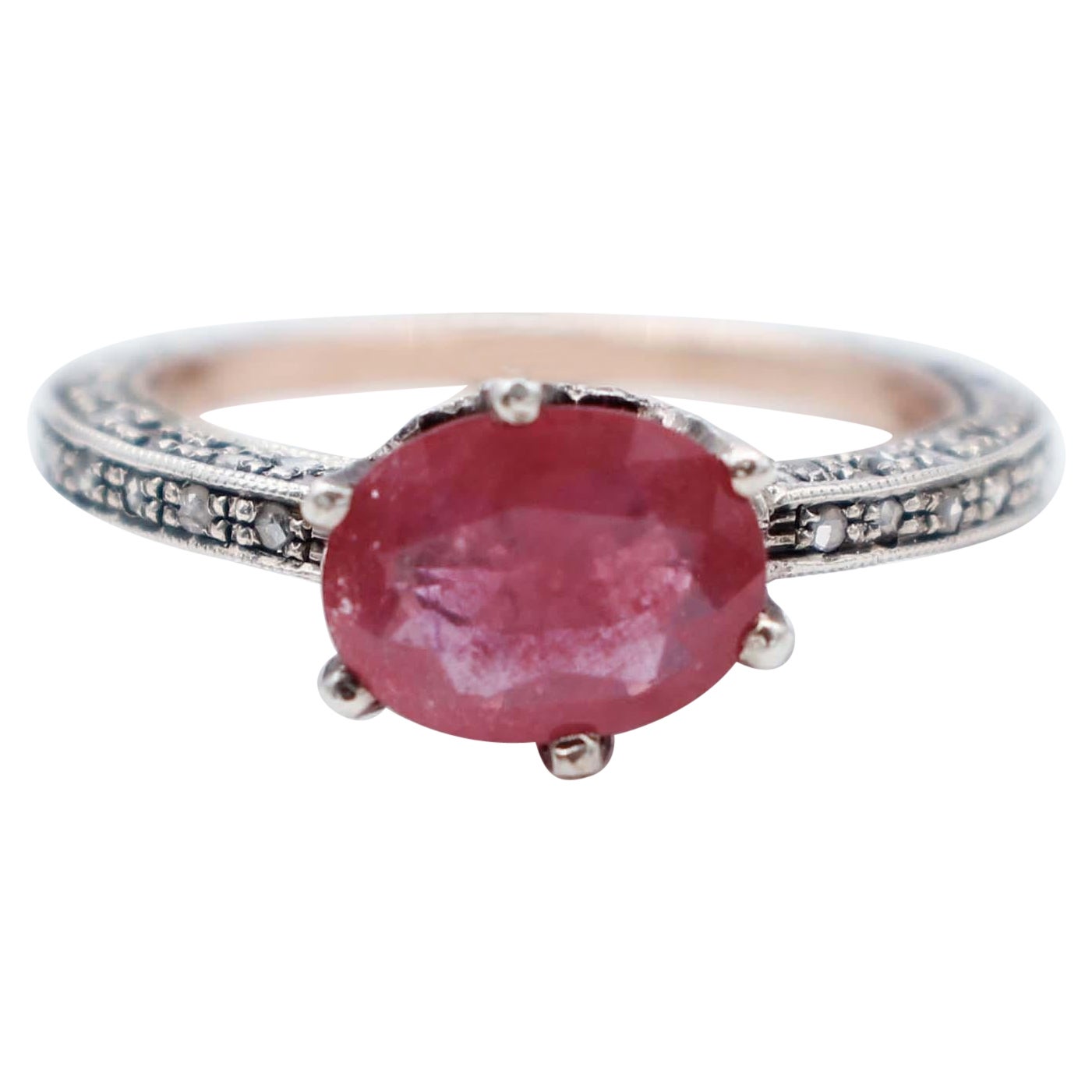 Ruby, Diamonds, 9 Karat Rose Gold and Silver Ring For Sale