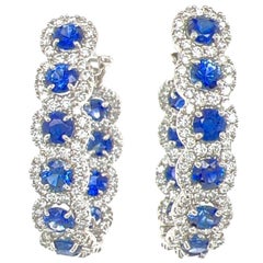 Ceylon Blue Sapphire Diamond Oval in/out Hoop Earrings 18 Karat White Gold