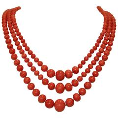 Past Era Sardinian Coral Graduated Triple Strand Necklace 11