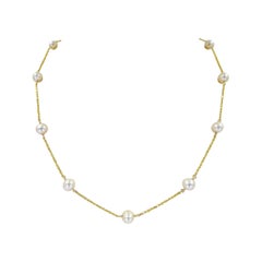 Yellow Gold Tin Cup Pearl Station Necklace