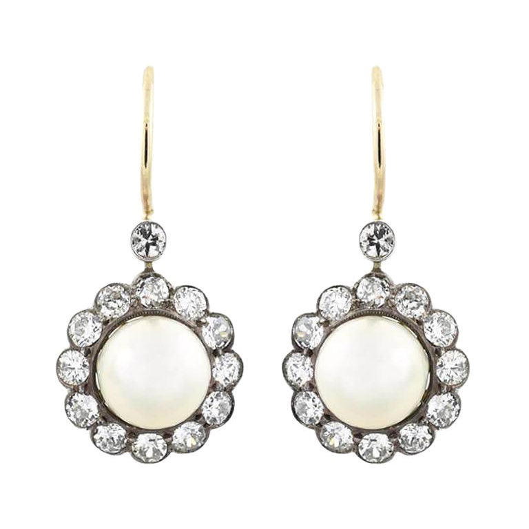 Edwardian 14kt/Platinum Diamond + Natural Pearl Cluster Earrings