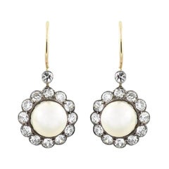 Edwardianische 14kt/Platin Diamant + Naturperle Cluster-Ohrringe