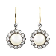 Edwardian 14kt/Platinum Diamond + Natural Pearl Cluster Earrings