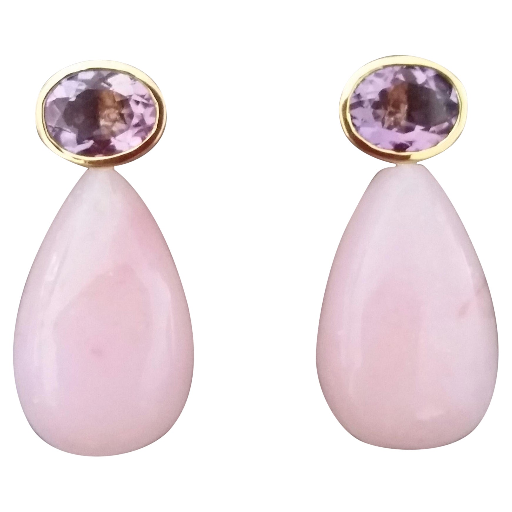 Oval Faceted Amethyst 14 Karat Yellow Gold Bezel Pink Opal Plain Drops Earrings For Sale