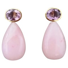 Oval Faceted Amethyst 14 Karat Yellow Gold Bezel Pink Opal Plain Drops Earrings