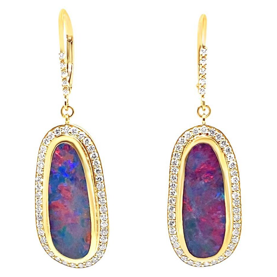14K Yellow Gold Australian Boulder Opal Diamond Earrings For Sale