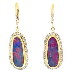 14K Yellow Gold Australian Boulder Opal Diamond Earrings