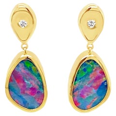 18K Yellow Gold Teardrop Australian Boulder Opal Diamond Earrings