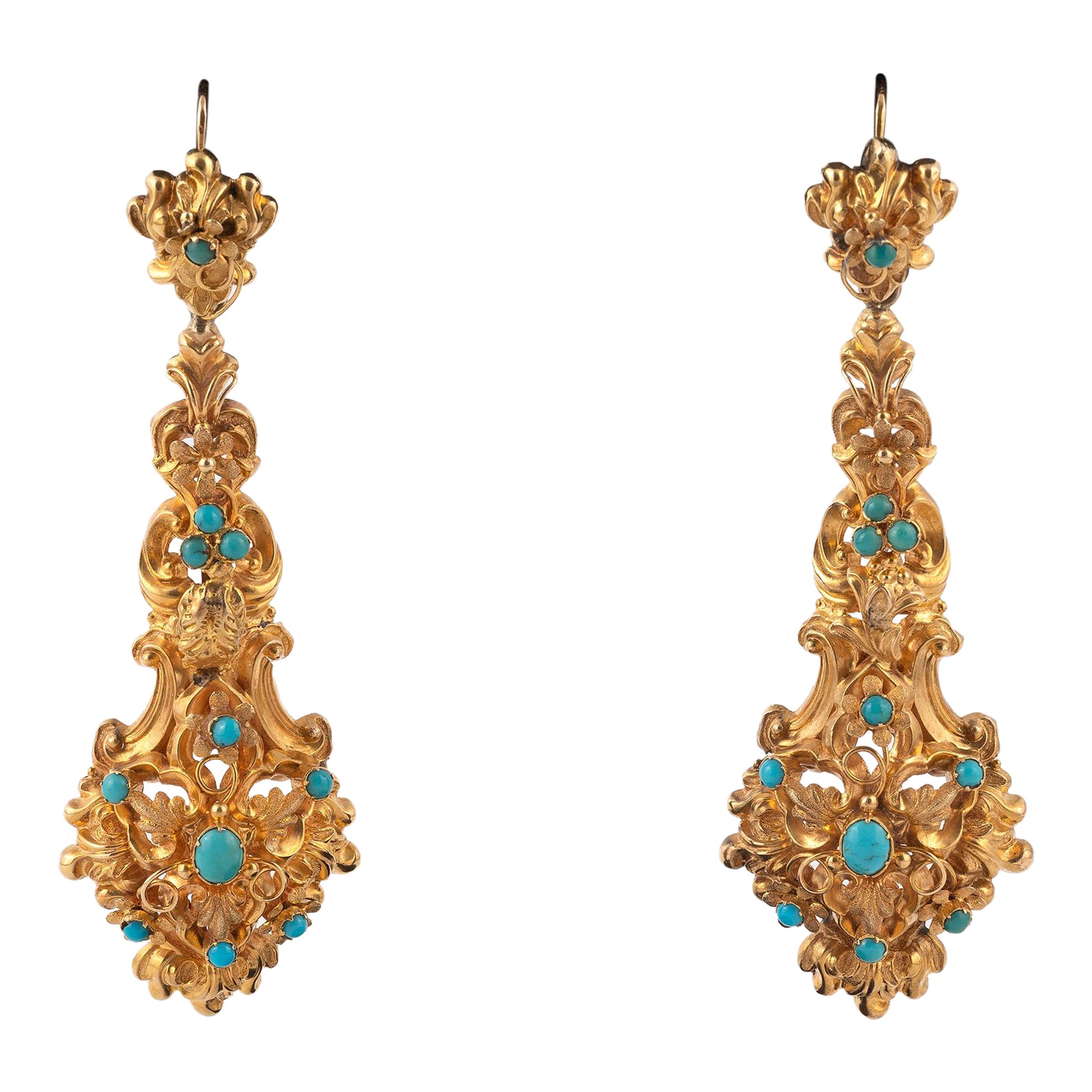 Pair of Georgian Turquoise and Gold Ear Pendants
