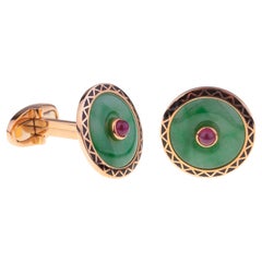 Cufflinks Round 18kt Gold with Jade, Central Ruby and Enamel Triangles