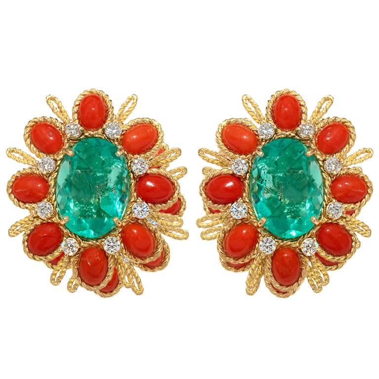 Merry and Bright Tony Duquette Coral Diamond Gold Earclips