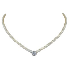 White Gold Diamond Bezel Solitaire Pearl Necklace Strand