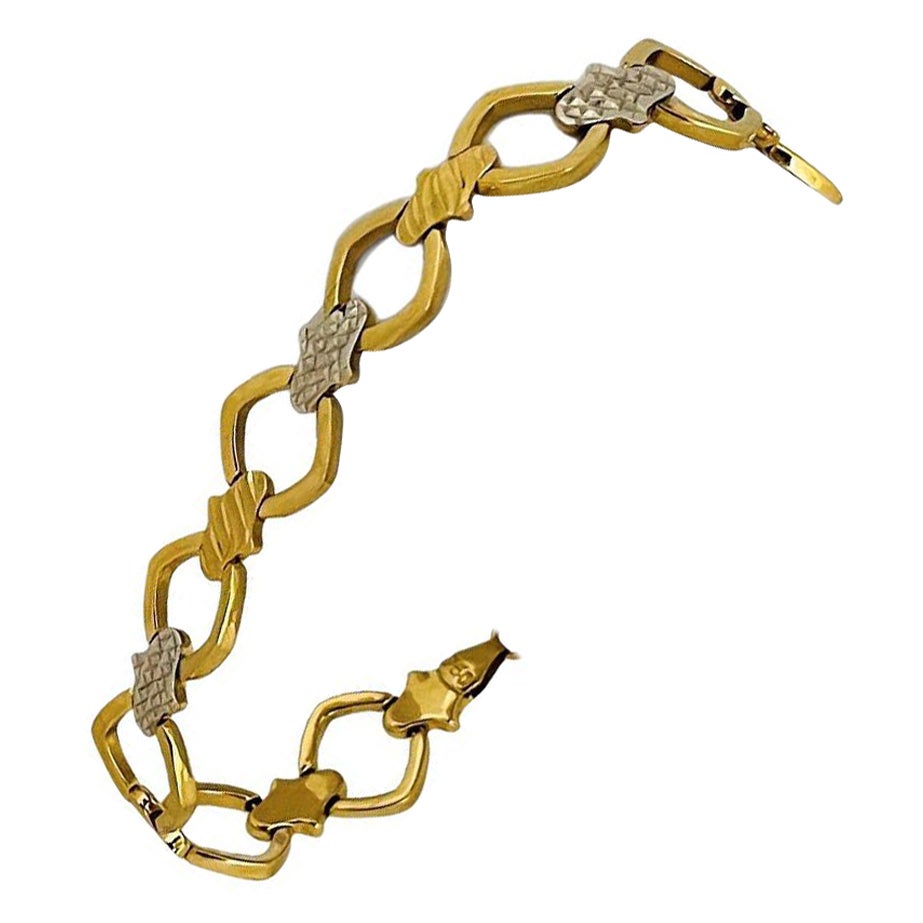18 Karat Yellow & White Gold Two Tone Diamond Cut Fancy Link Bracelet