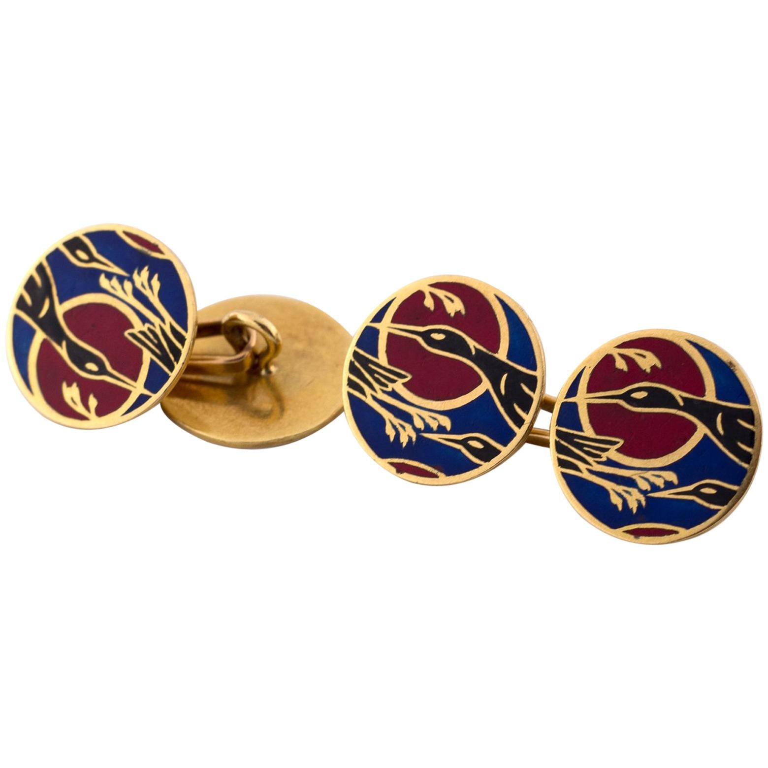 French 18 Karat Yellow Gold Cufflinks with Enamel Cranes in Blue, Black and Red