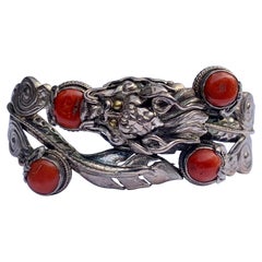 Vintage Chinese Coral Dragon Bracelet Sterling Silver