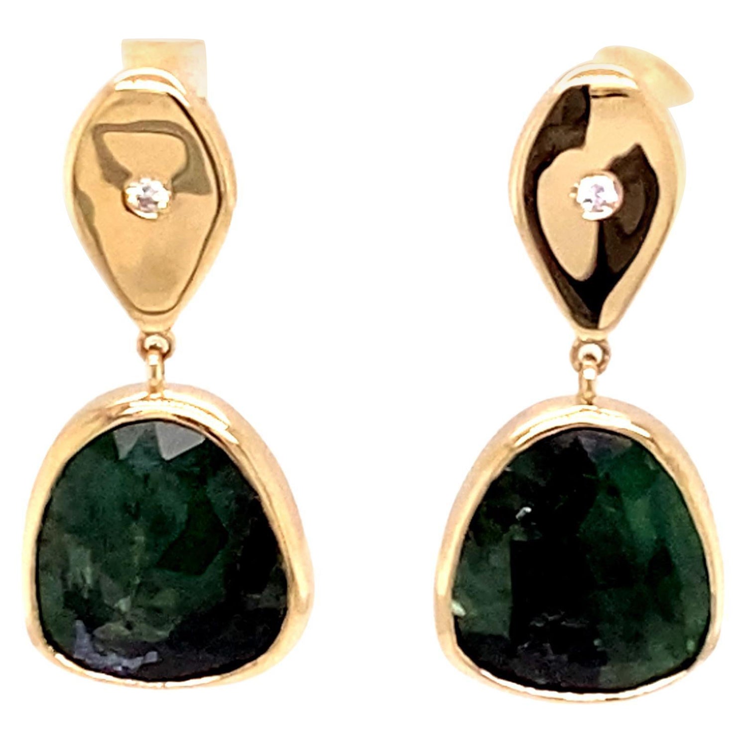 One of a Kind 14k Yellow Gold Diamond Teardrop Emerald Slice Earrings For Sale