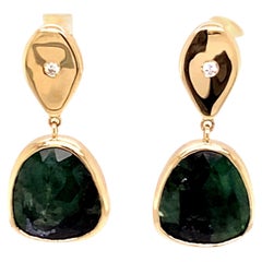 One of a Kind 14k Yellow Gold Diamond Teardrop Emerald Slice Earrings