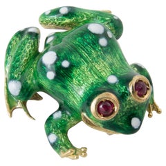 Frog Pin or Brooch, 18k Gold, Green and White Enamel, Ruby Eyes