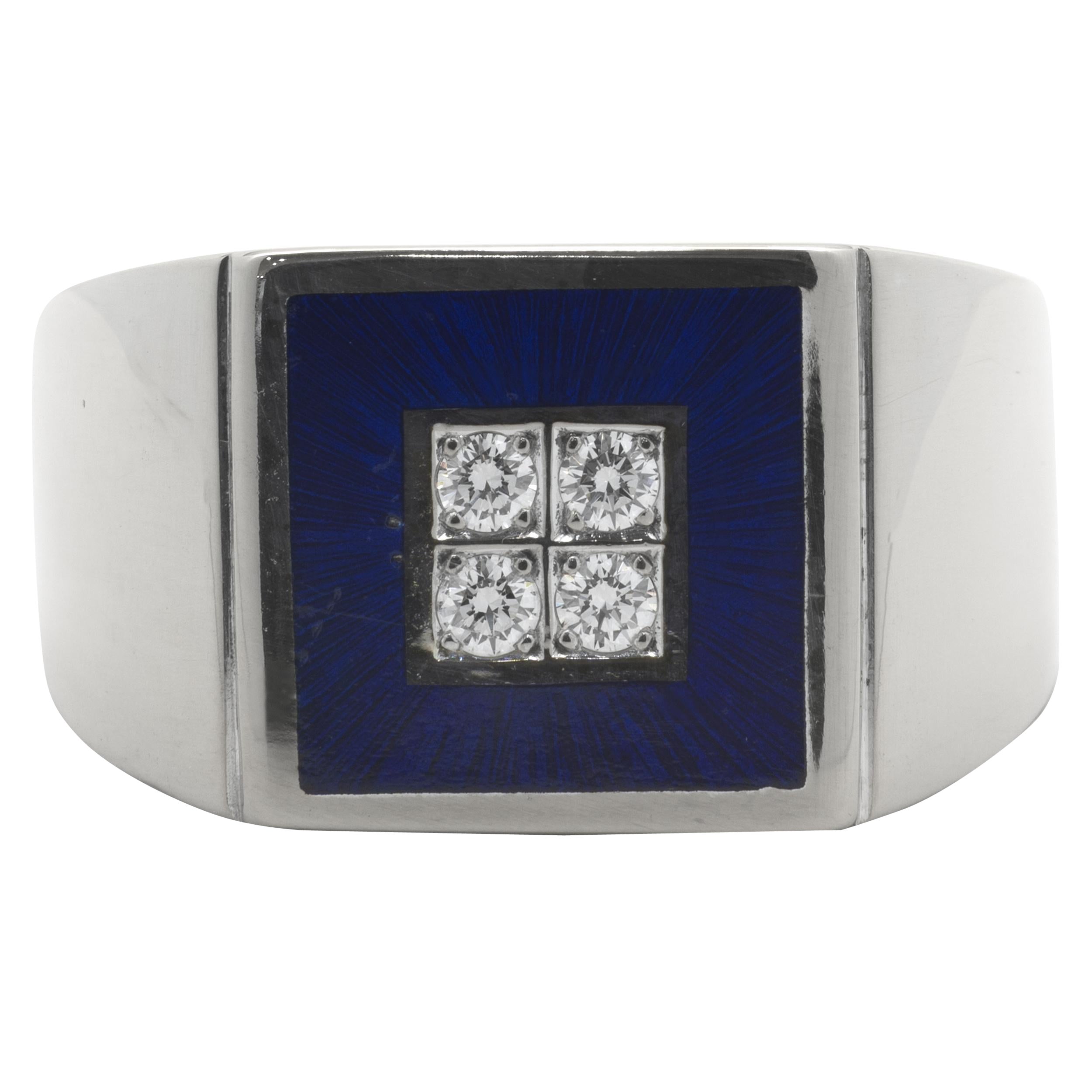 Faberge 18 Karat White Gold Diamond and Blue Enamel Ring For Sale